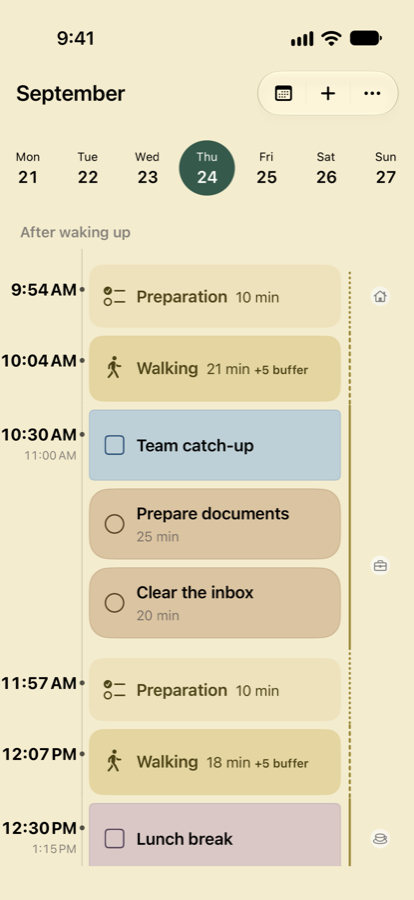 Dayavue daily view: preparation at 9:54, departure at 10:04, a team check-in at 10:30 and flexible reminders in between.